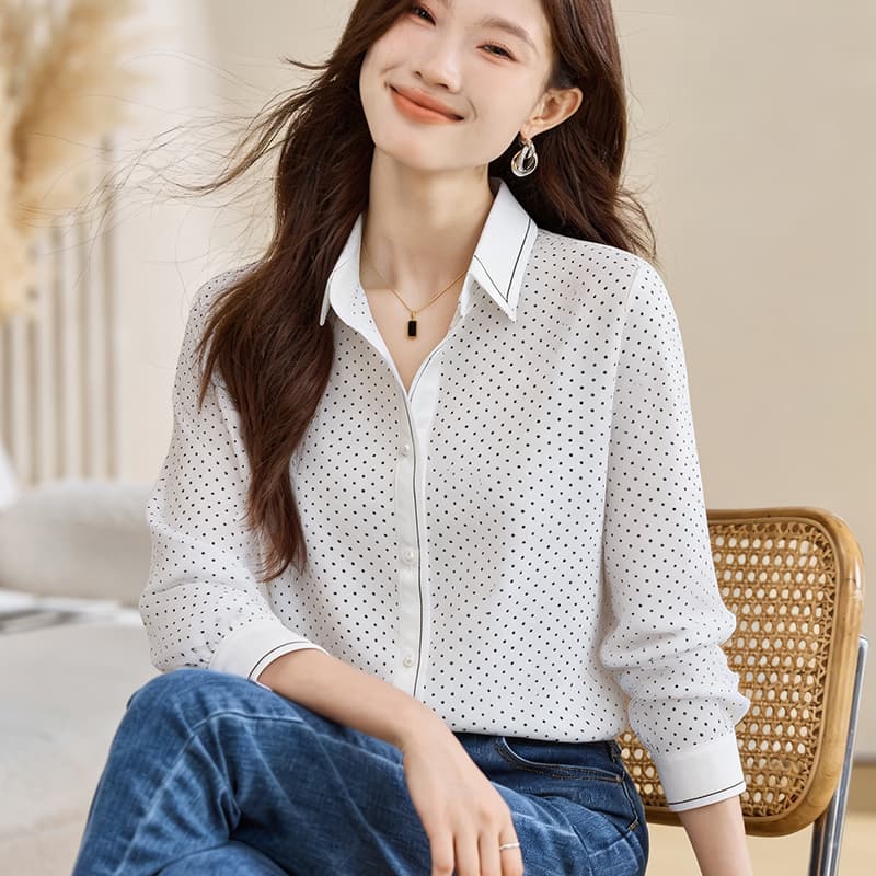 실사 외국 가스 가을 새로운 여성 폴로 칼라 도트 쉬폰 블라우스 맨위 슬림해 보이는 오픈 가디건 셔츠 기본 셔츠 셔츠 이미지 3