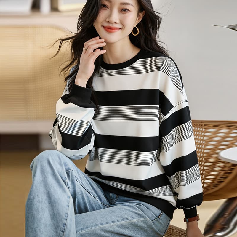 라운드 넥 후드티 여성 가을 새로운 캐주얼 스트라이프 루즈핏 풀오버 긴팔 맨위 봄과 가을 이미지 2