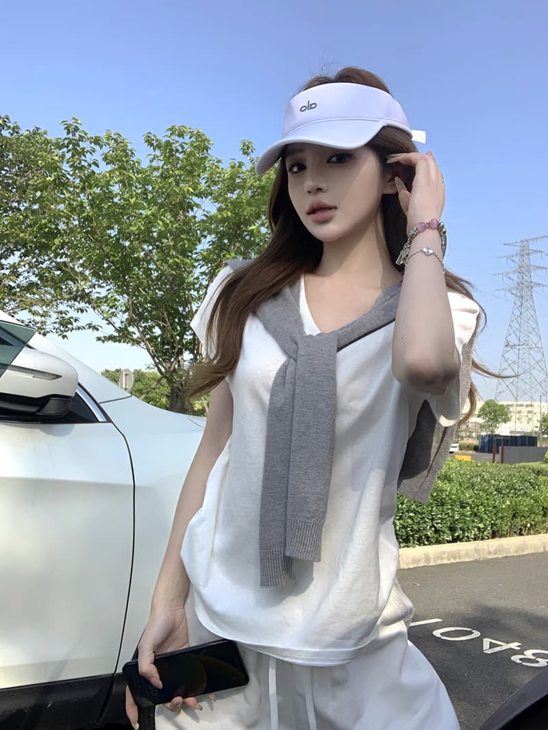 실사 정가 V넥 티셔츠 통기성 기초 루즈핏 반팔 맨위 하이웨이스트 면 린넨 캐주얼 롱 바지 숄 이미지 4