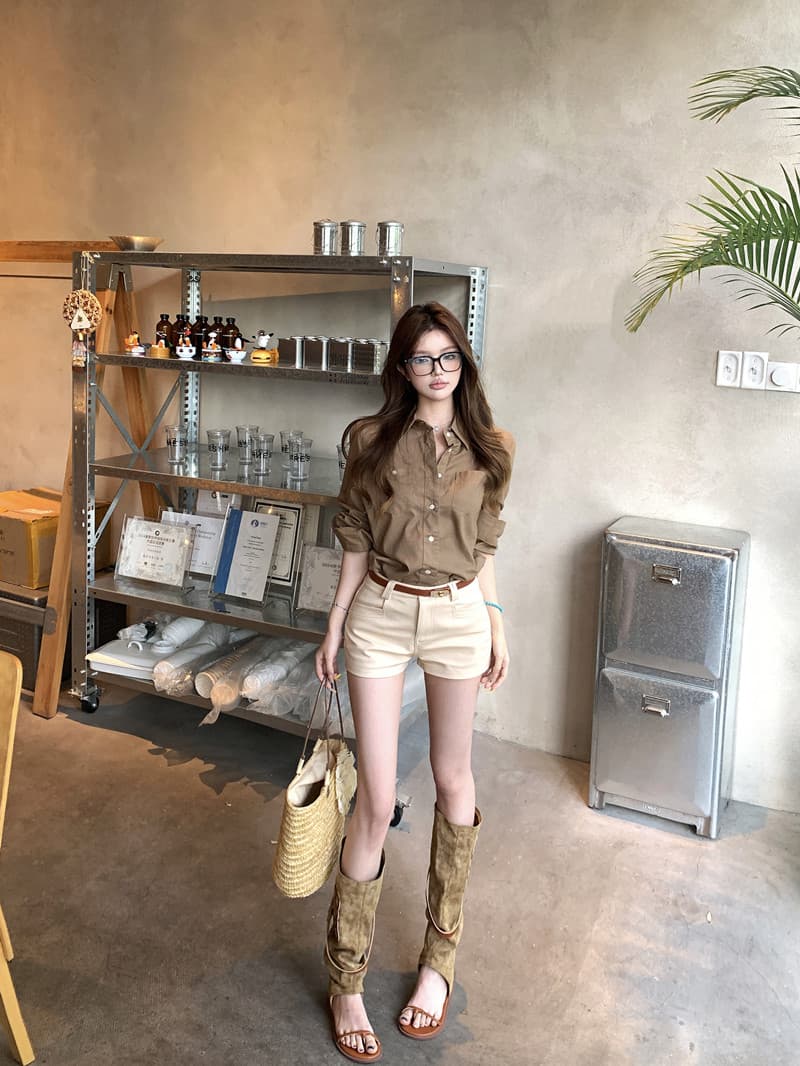 실사 정가 카키 색 레트로 긴팔 여성 셔츠 POLO 칼라 셔츠 캐주얼 반바지 하이웨이스트 한 마디 바지 이미지 2