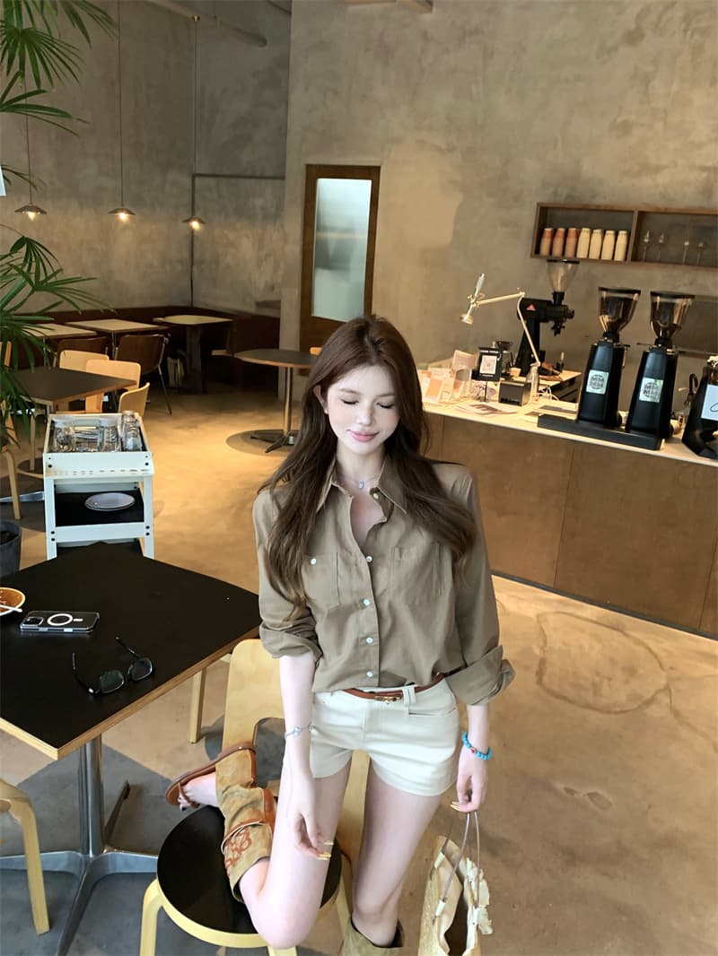 실사 정가 카키 색 레트로 긴팔 여성 셔츠 POLO 칼라 셔츠 캐주얼 반바지 하이웨이스트 한 마디 바지 상세 이미지 9