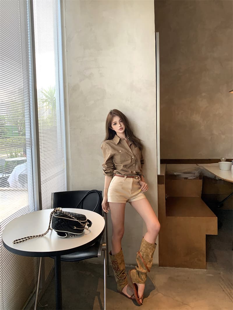 실사 정가 카키 색 레트로 긴팔 여성 셔츠 POLO 칼라 셔츠 캐주얼 반바지 하이웨이스트 한 마디 바지 상세 이미지 12