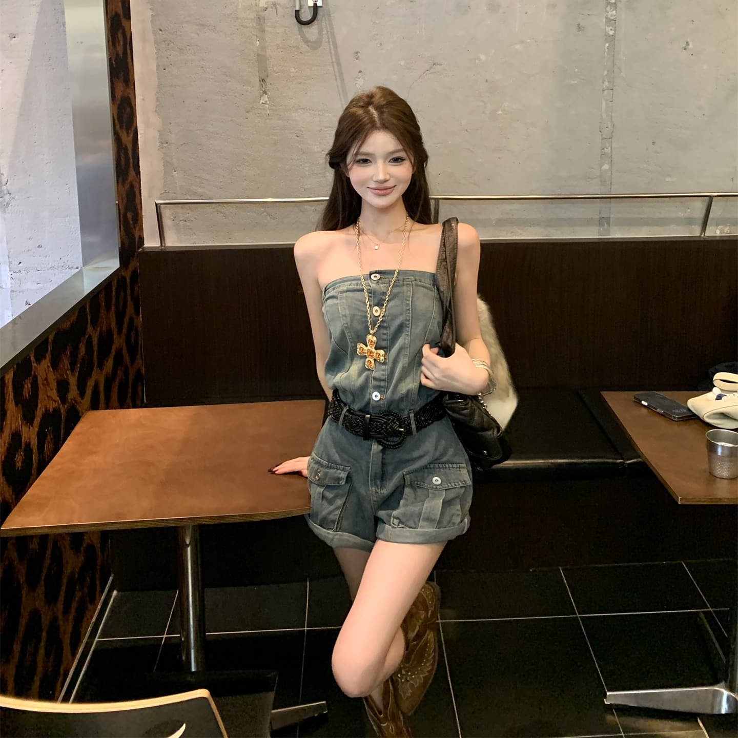 실사 정가 파란색 데님 반바지 여성 여름 새로운 디자인 센스 올인원 바지 원피스 반바지 이미지 5