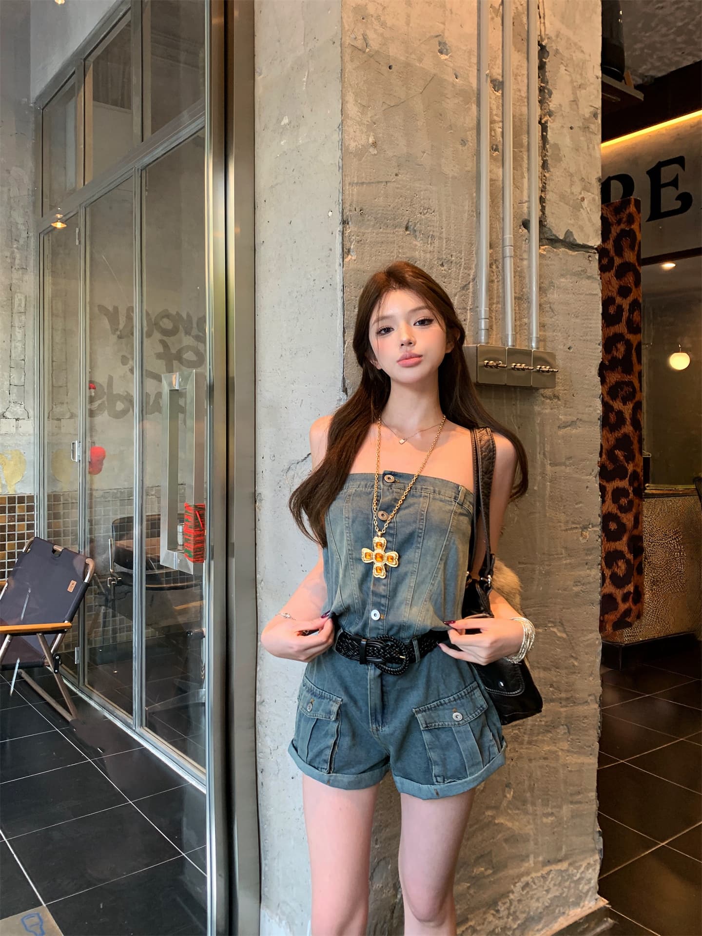 실사 정가 파란색 데님 반바지 여성 여름 새로운 디자인 센스 올인원 바지 원피스 반바지 상세 이미지 3
