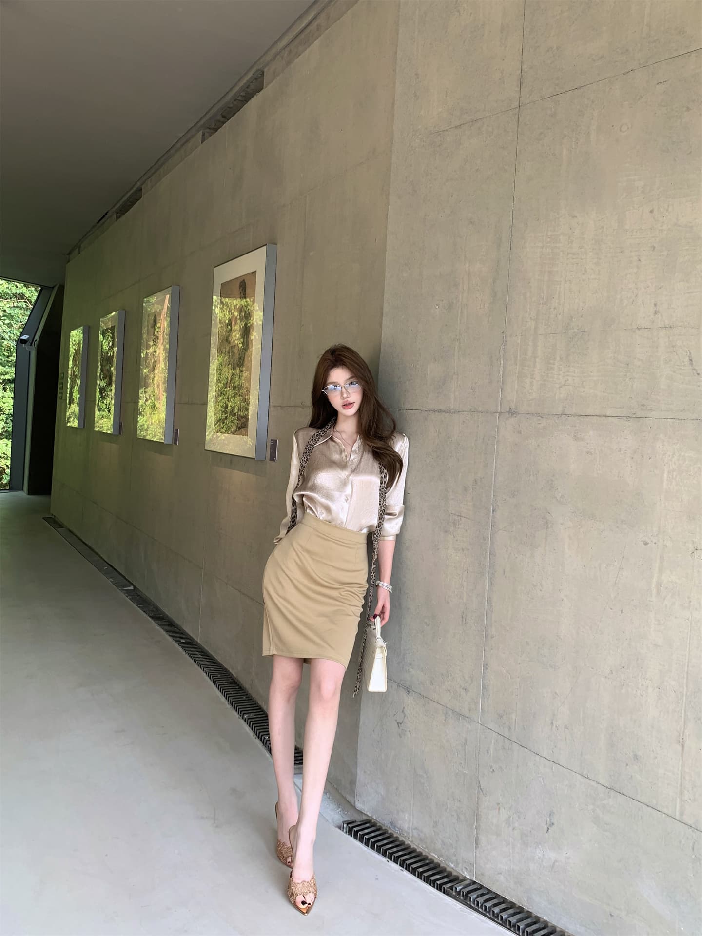 실사 정가 품격 빛 센스 자외선 차단 루즈핏 셔츠 경기 레오파드 무늬 스카프 신축성 하이웨이스트 타이트 스커트 반신 스커트 상세 이미지 5