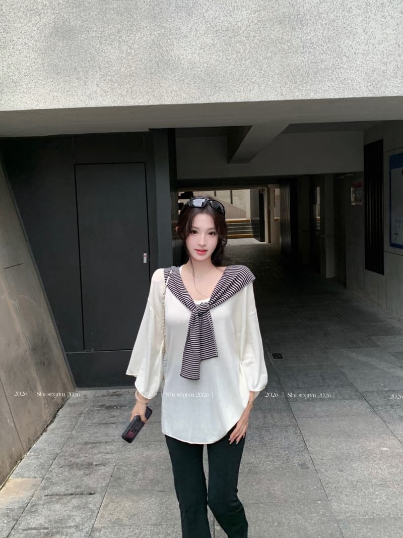 실사 정가 다용도 깊은 u 칼라 중간 소매 티셔츠 검정색 부츠컷 7 점 요가 바지 스트라이프 다용도 니트 숄 상세 이미지 12