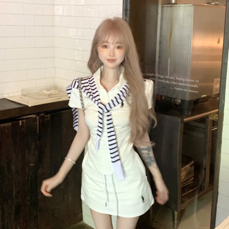 실사 정가 캐주얼 스포츠 슈트 polp 셔츠 자수 반팔 티셔츠 허리밴드 미니 스커트 세트 이미지 5