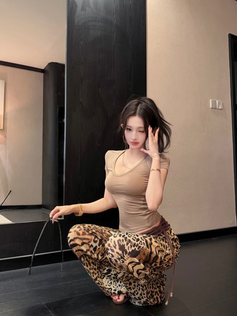 실사 정가 여름 로우 웨이스트 레오파드 무늬 도루 센스 쉬폰 바지 뒤집다 허리 머리 펌프 Pleat 품격 긴 바지 시원한 와이드 레그 팬츠 상세 이미지 6