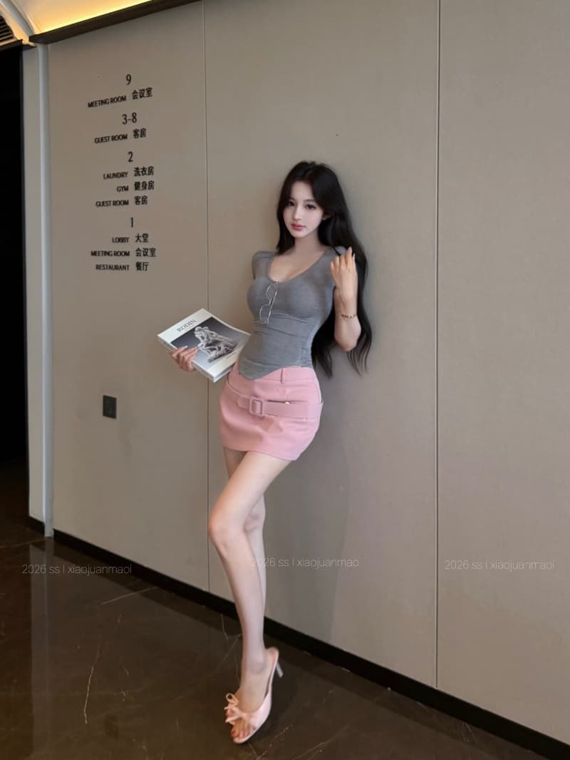 실사 정가 핫걸 바람 순수한 욕망 캐주얼 다용도 긍정적 인 어깨 티셔츠 로우 웨이스트 단색 미니 스커트 여름 상세 이미지 3