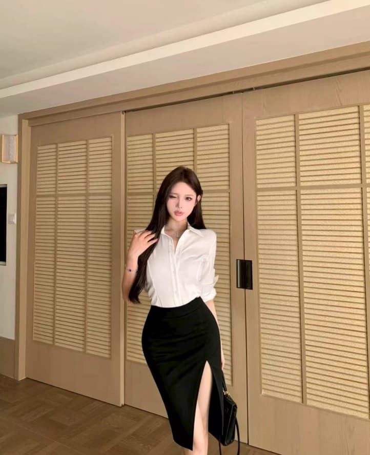 실사 정가 펄 화이트 새틴 허리 수축 자르기 여성 셔츠 중간 허리 빛 직업 트임 타이트 반신 스커트 이미지 2