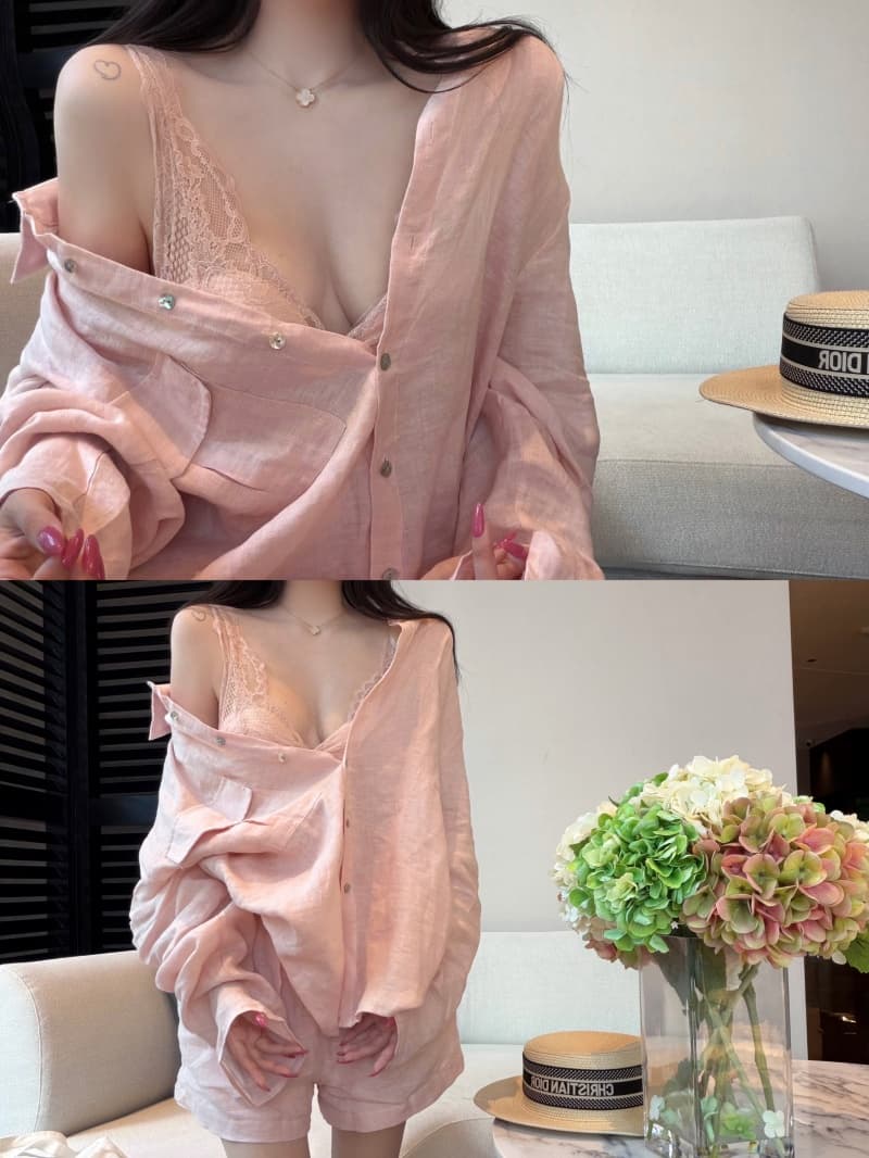 실사 정가 얼음 모래 복숭아 복숭아 루즈핏 대 에디션 셔츠 레이스 인사이드 가져 가라. 반바지 상세 이미지 1