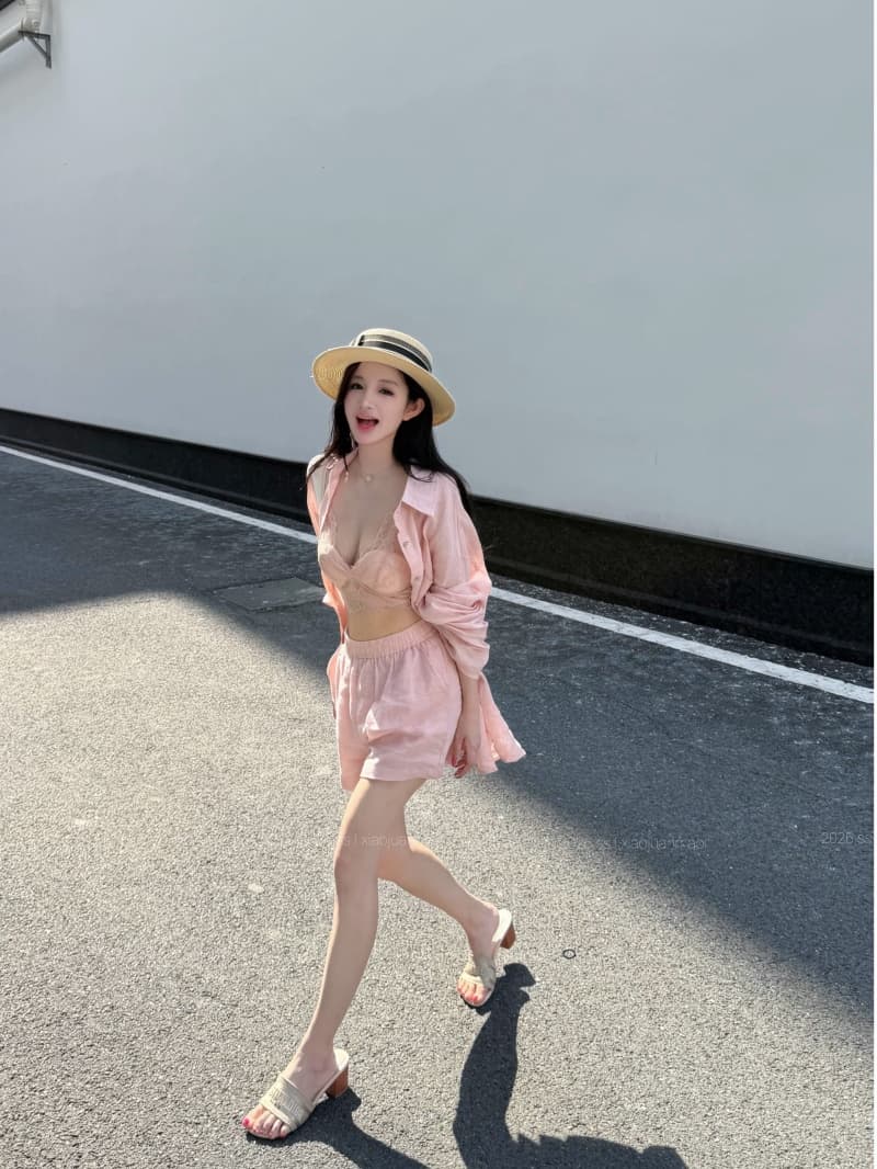 실사 정가 얼음 모래 복숭아 복숭아 루즈핏 대 에디션 셔츠 레이스 인사이드 가져 가라. 반바지 상세 이미지 6