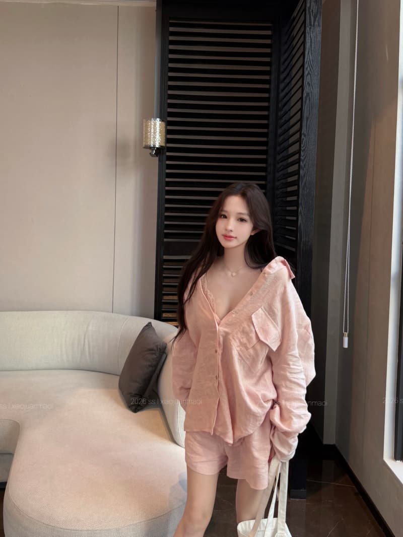실사 정가 얼음 모래 복숭아 복숭아 루즈핏 대 에디션 셔츠 레이스 인사이드 가져 가라. 반바지 상세 이미지 15