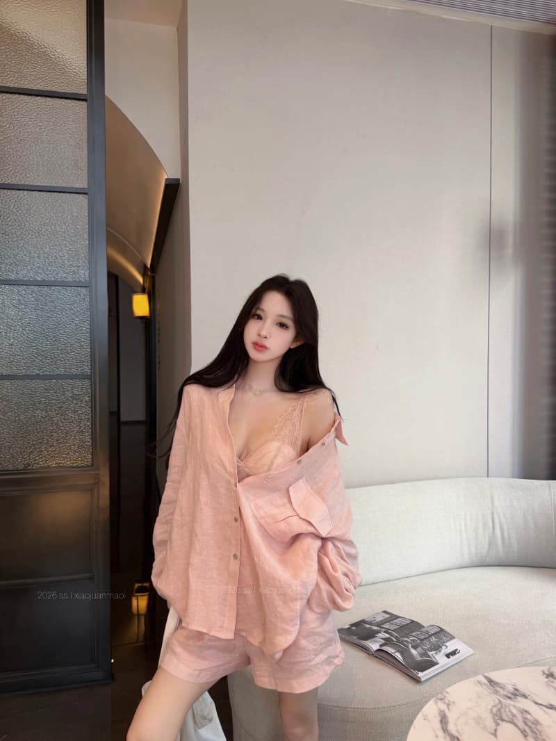 실사 정가 얼음 모래 복숭아 복숭아 루즈핏 대 에디션 셔츠 레이스 인사이드 가져 가라. 반바지 상세 이미지 16
