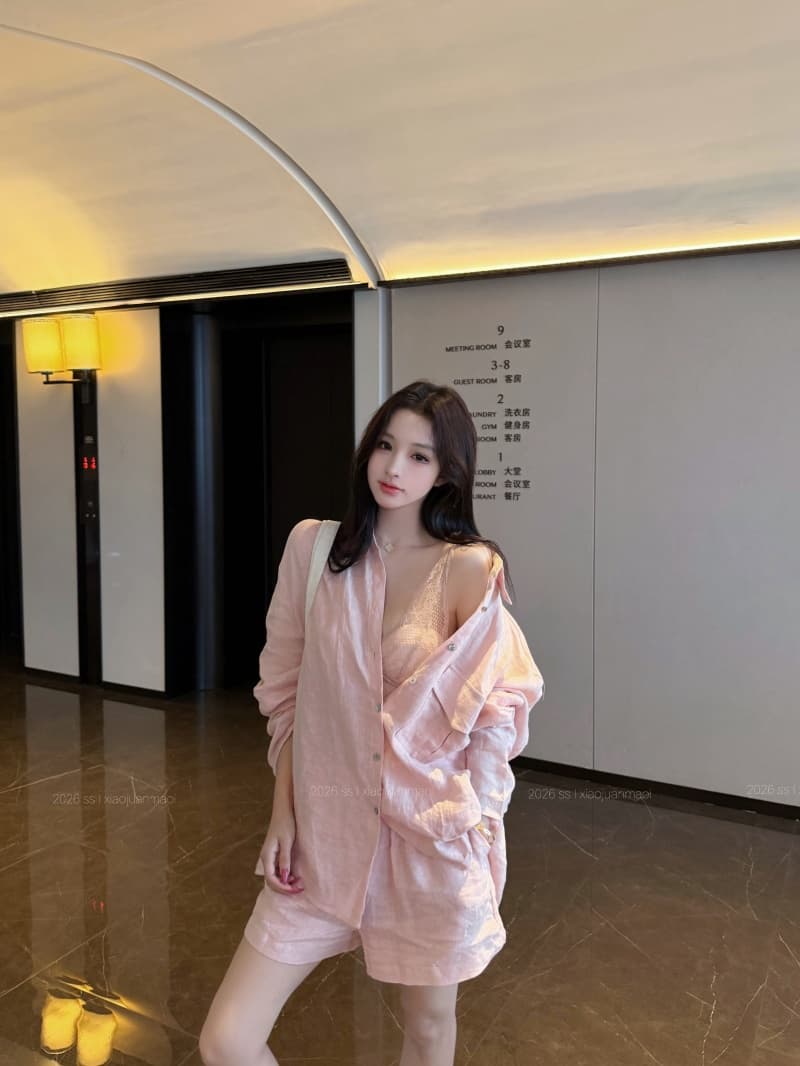 실사 정가 얼음 모래 복숭아 복숭아 루즈핏 대 에디션 셔츠 레이스 인사이드 가져 가라. 반바지 상세 이미지 17