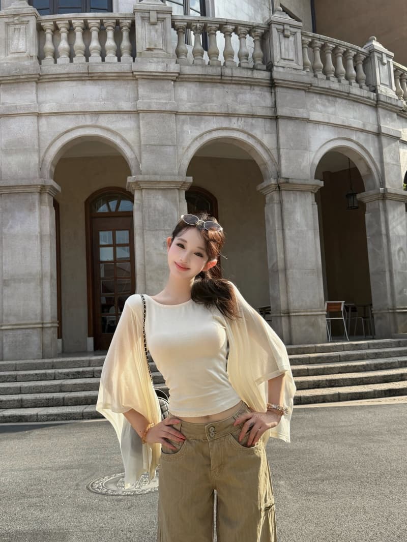 실사 정가 문단 그림자 소매 맨위 한 단어 대 네클라인 프로 피부 통기성 쇼트 스타일 나팔 소매 티셔츠 여성 여름 상세 이미지 11