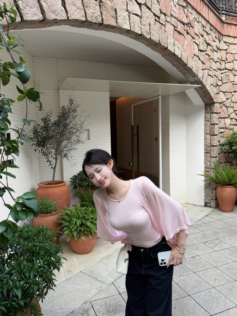 실사 정가 문단 그림자 소매 맨위 한 단어 대 네클라인 프로 피부 통기성 쇼트 스타일 나팔 소매 티셔츠 여성 여름 상세 이미지 29