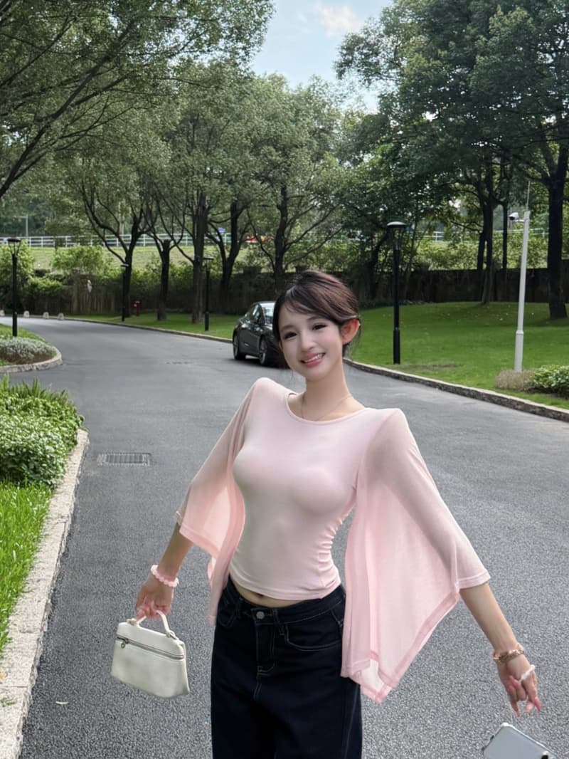 실사 정가 문단 그림자 소매 맨위 한 단어 대 네클라인 프로 피부 통기성 쇼트 스타일 나팔 소매 티셔츠 여성 여름 상세 이미지 34
