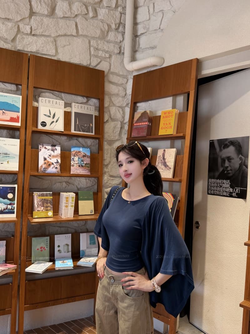 실사 정가 문단 그림자 소매 맨위 한 단어 대 네클라인 프로 피부 통기성 쇼트 스타일 나팔 소매 티셔츠 여성 여름 상세 이미지 40