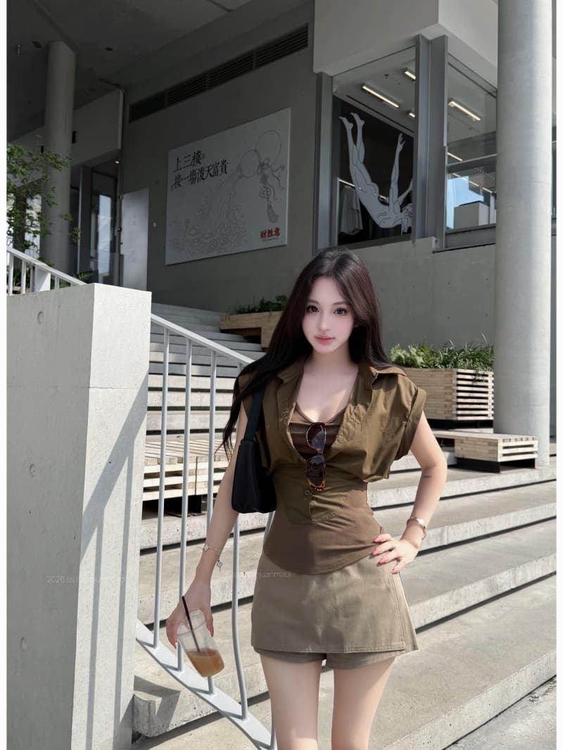 실사 정가 POLO 칼라 허리 수축 페이크 레이어드 불규칙 셔츠 맨위 한 마디 반신 치마바지 세트 상세 이미지 5
