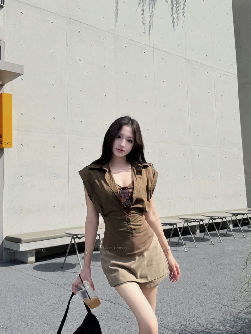 실사 정가 POLO 칼라 허리 수축 페이크 레이어드 불규칙 셔츠 맨위 한 마디 반신 치마바지 세트 상세 이미지 6