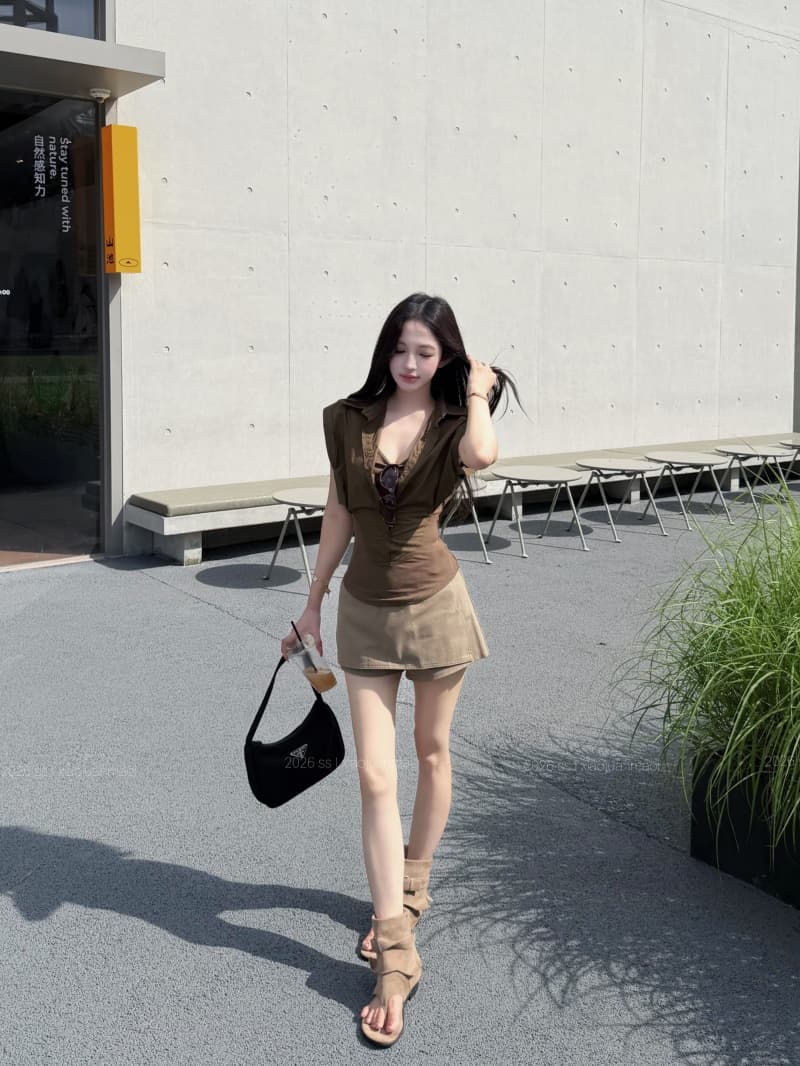 실사 정가 POLO 칼라 허리 수축 페이크 레이어드 불규칙 셔츠 맨위 한 마디 반신 치마바지 세트 상세 이미지 7