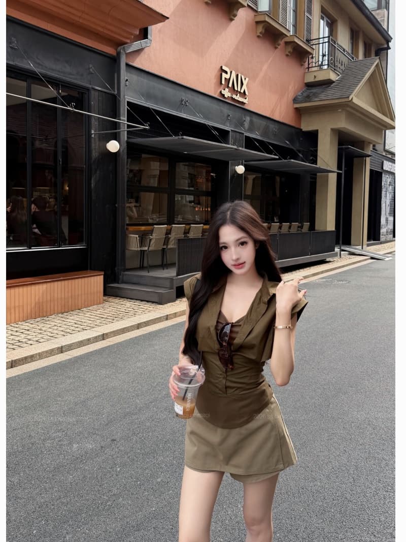실사 정가 POLO 칼라 허리 수축 페이크 레이어드 불규칙 셔츠 맨위 한 마디 반신 치마바지 세트 상세 이미지 14