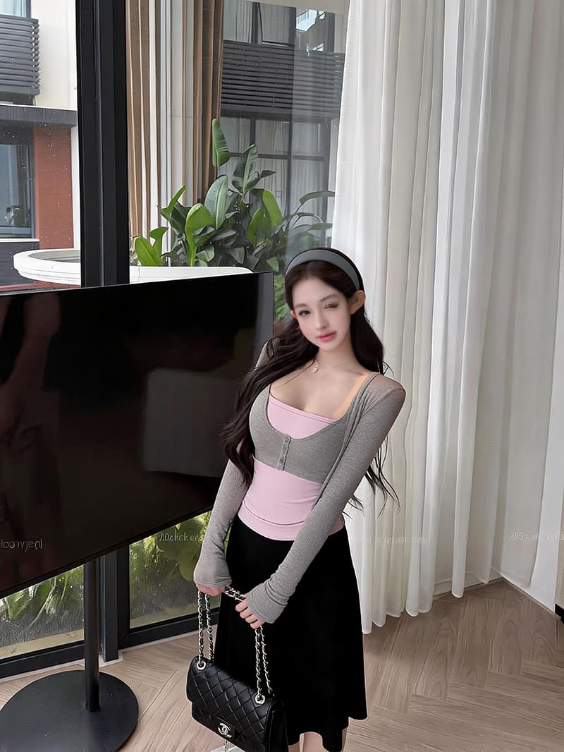 실사 정가 lady 세트 삼색 긴팔 오픈 가디건 여성 여름 튜브탑 맨위 슬림해 보이는 반신 치마 세트 상세 이미지 8