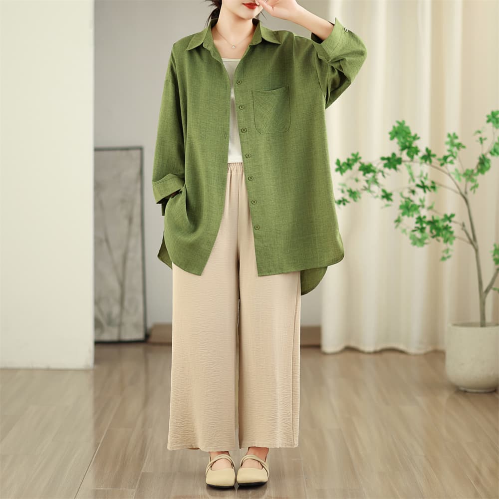 실사 봄 새로운 단색 미니멀리즘 디자인 센스 불규칙 셔츠 폴로 칼라 품격 다용도 중간 길이 여성 셔츠 상세 이미지 13