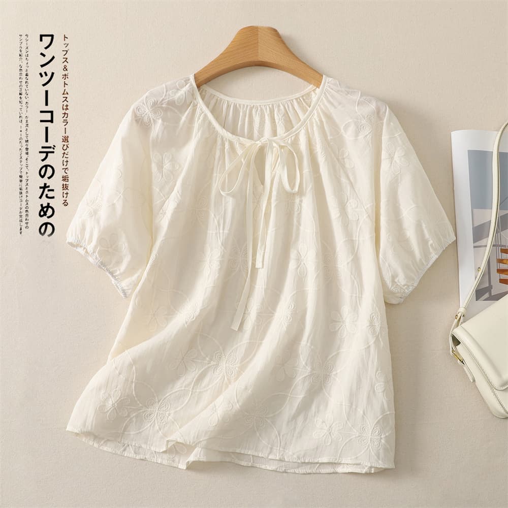 실사 미니멀리즘 레이스 업 셔츠 신선함 문예 꽃 자수 작은 셔츠 다용도 편안함 통기성 면 린넨 맨위 여성 상세 이미지 6