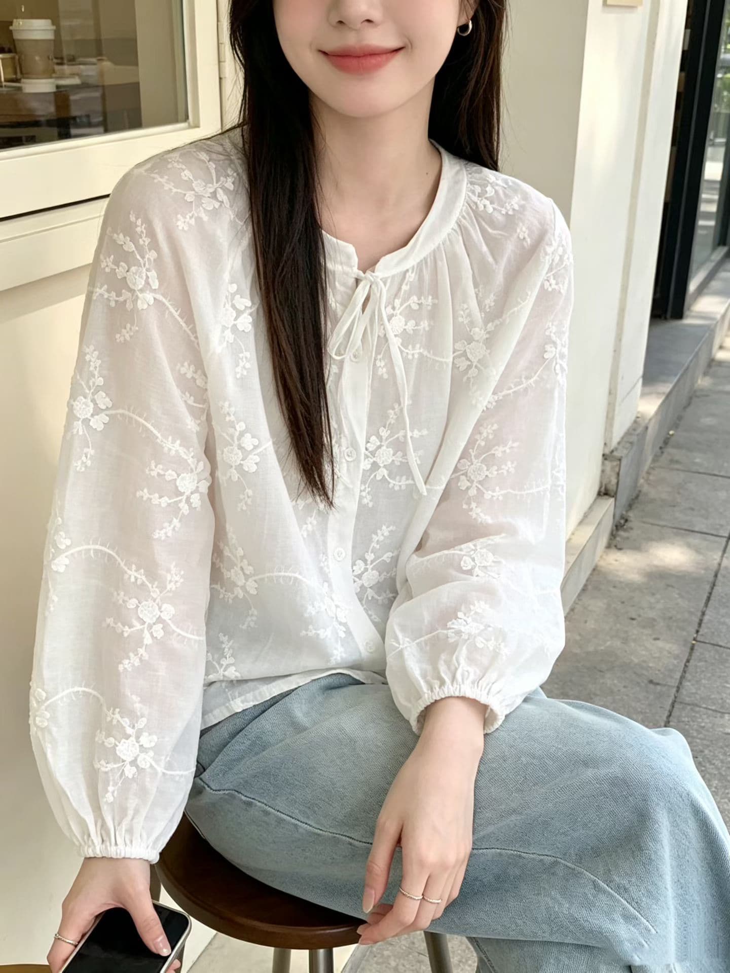재고 있음 한 부서 면 린넨 문예 팬 셔츠 얇고 가벼운 통기성 자외선 차단 의류 품격 휴가 바람 자수 맨위 여성 이미지 4