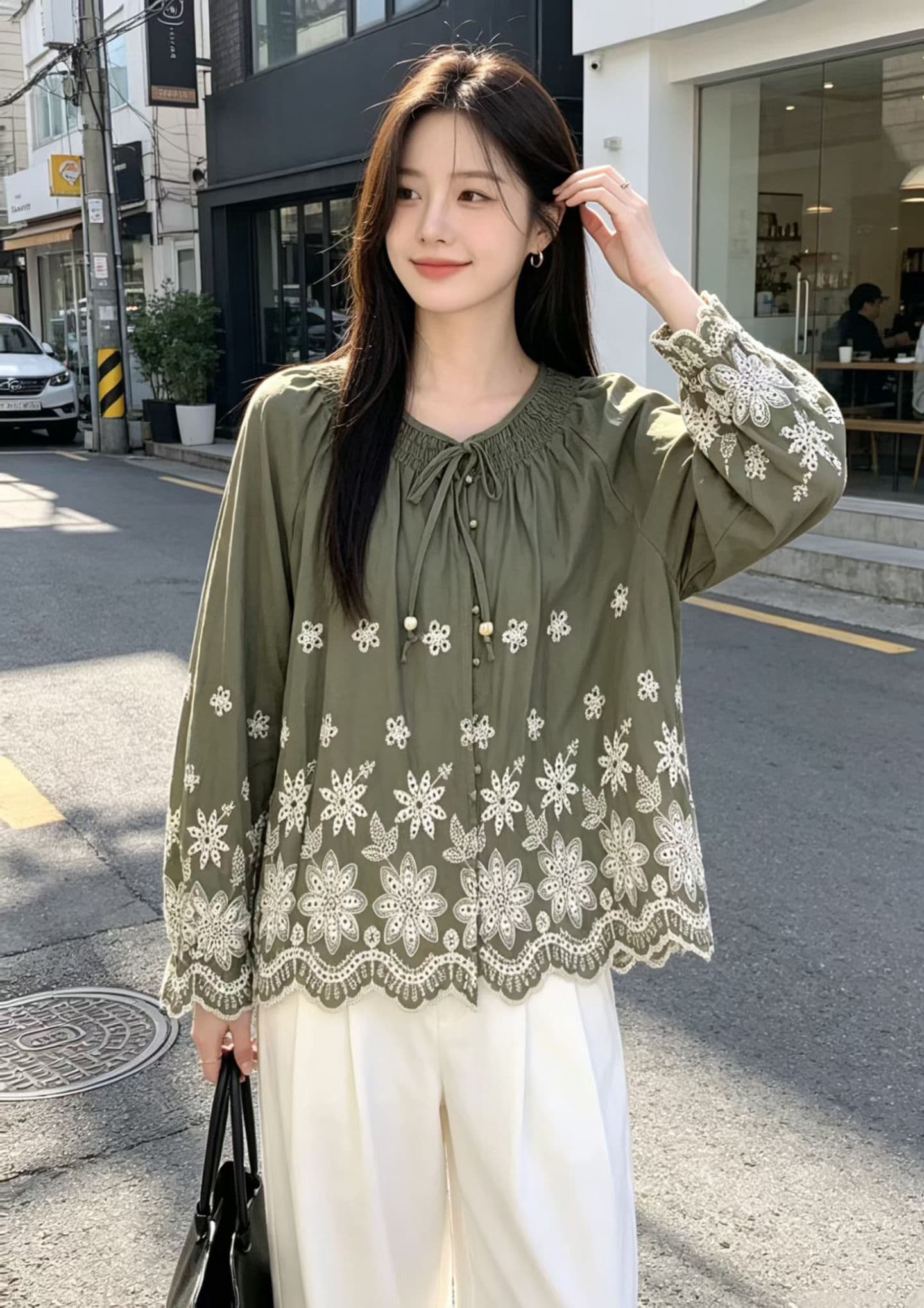 재고 있음 한 부서 새로운 자수 자수 홀로우 아웃 셔츠 문예 팬 긴팔 불규칙 디자인 센스 맨위 여성 이미지 4