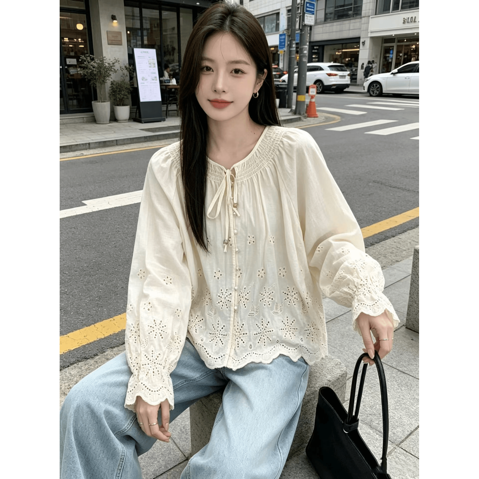 재고 있음 한 부서 새로운 자수 자수 홀로우 아웃 셔츠 문예 팬 긴팔 불규칙 디자인 센스 맨위 여성 이미지 6