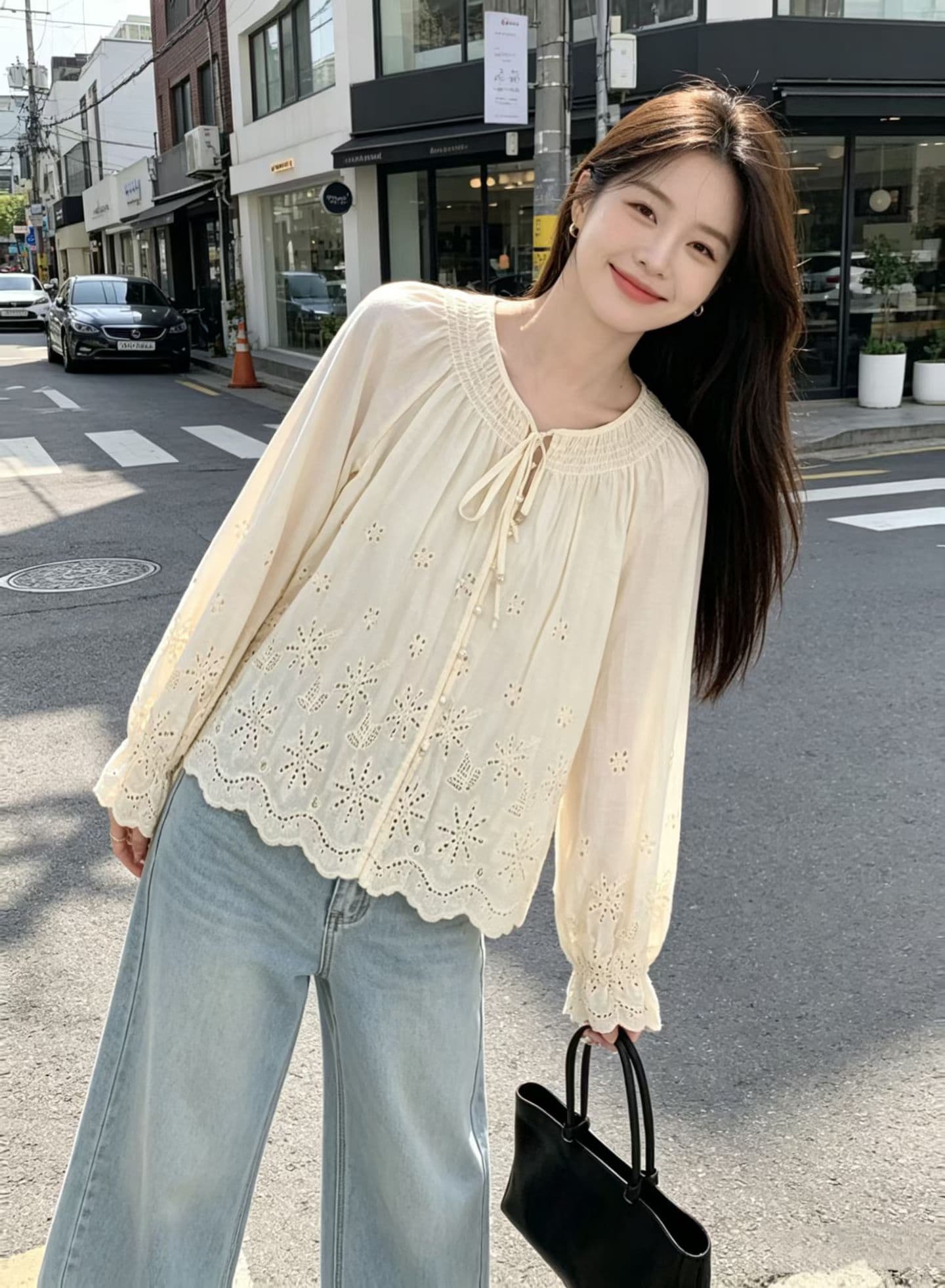 재고 있음 한 부서 새로운 자수 자수 홀로우 아웃 셔츠 문예 팬 긴팔 불규칙 디자인 센스 맨위 여성 상세 이미지 5