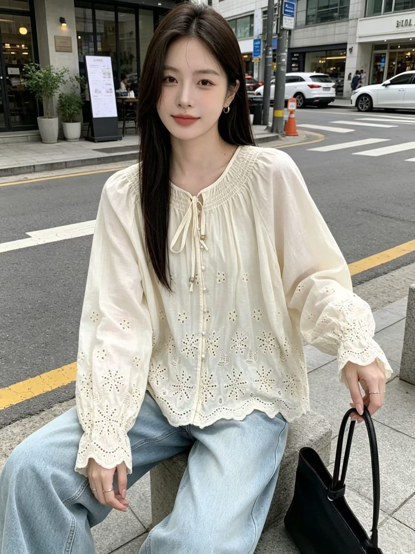재고 있음 한 부서 새로운 자수 자수 홀로우 아웃 셔츠 문예 팬 긴팔 불규칙 디자인 센스 맨위 여성 상세 이미지 6
