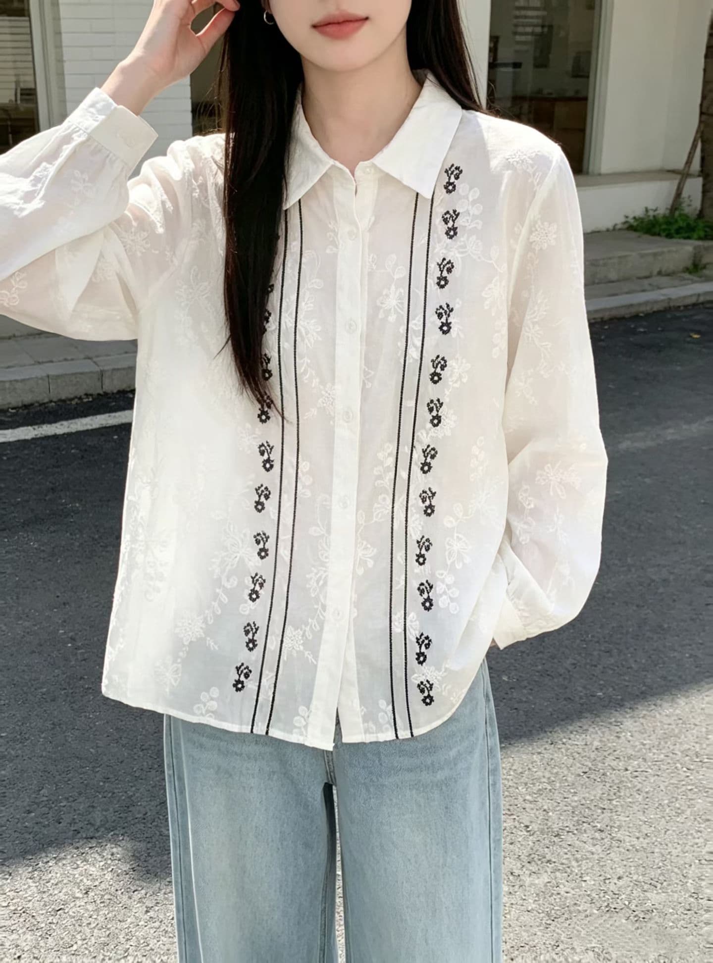 재고 있음 한 스타일 문예 품격 다용도 연령 감소 자수 셔츠 배색 라인 슬림해 보이는 폴로 칼라 긴팔 맨위 여성 상세 이미지 3