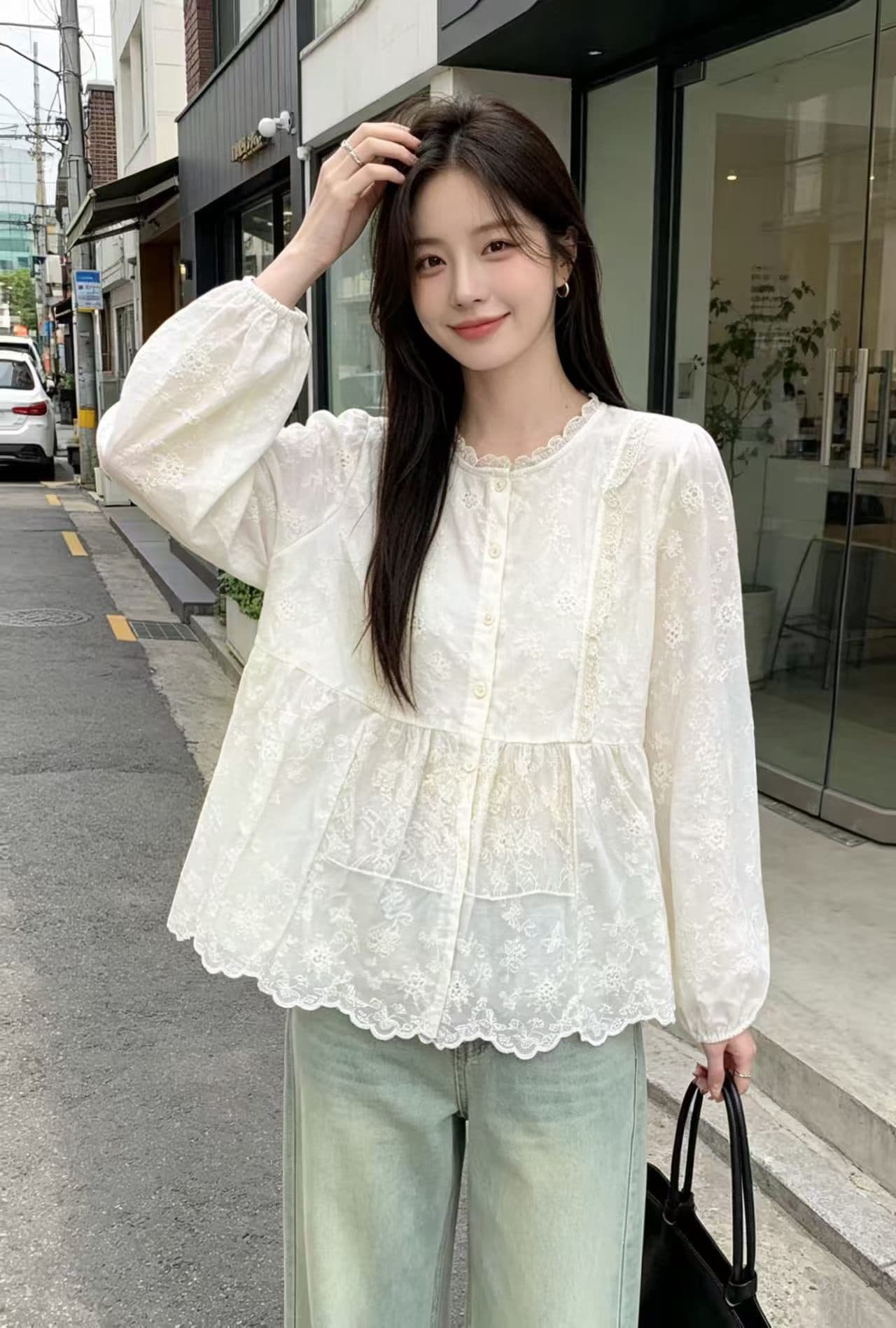 재고 있음 한 부서 낭만주의 달콤한 스타일 레이스 조각 자수 자수 셔츠 패션 불규칙 디자인 센스 맨위 이미지 4