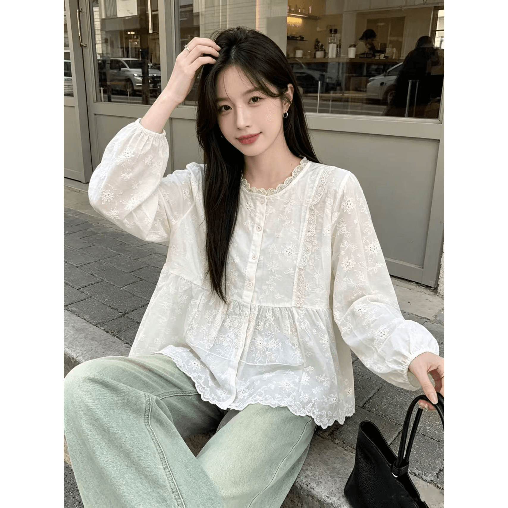 재고 있음 한 부서 낭만주의 달콤한 스타일 레이스 조각 자수 자수 셔츠 패션 불규칙 디자인 센스 맨위 이미지 6