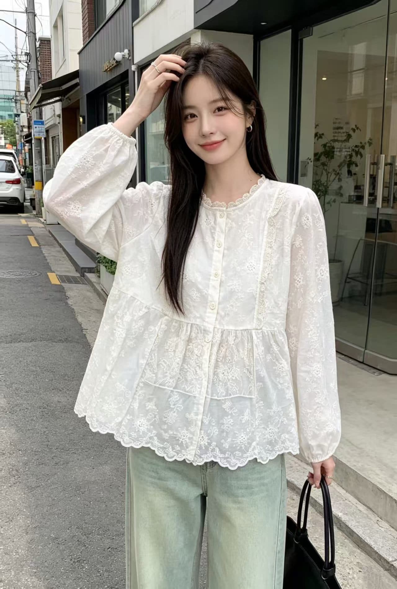 재고 있음 한 부서 낭만주의 달콤한 스타일 레이스 조각 자수 자수 셔츠 패션 불규칙 디자인 센스 맨위 상세 이미지 6
