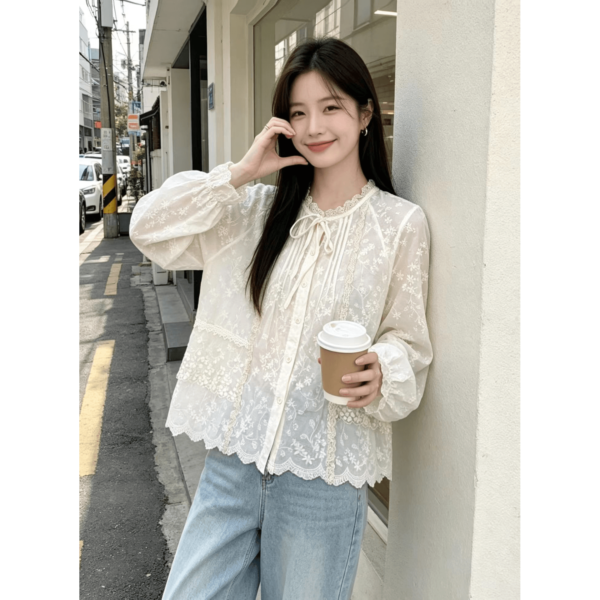 재고 있음 프랑스식 디자인 센스 레이스 조각 레이스 칼라 맨위 자수 자수 절묘한 달콤함 면 린넨 여성 셔츠 이미지 6