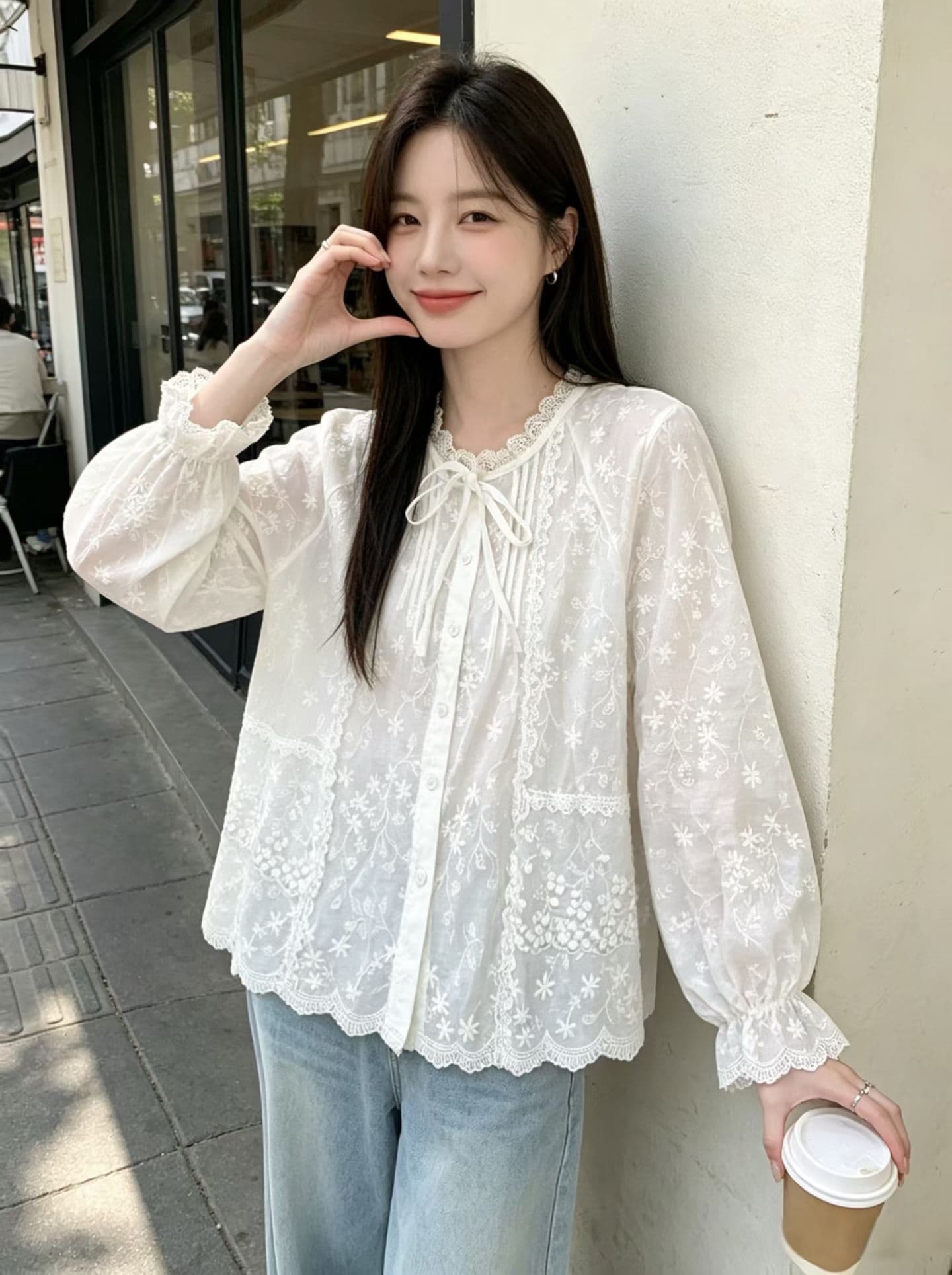 재고 있음 프랑스식 디자인 센스 레이스 조각 레이스 칼라 맨위 자수 자수 절묘한 달콤함 면 린넨 여성 셔츠 상세 이미지 4