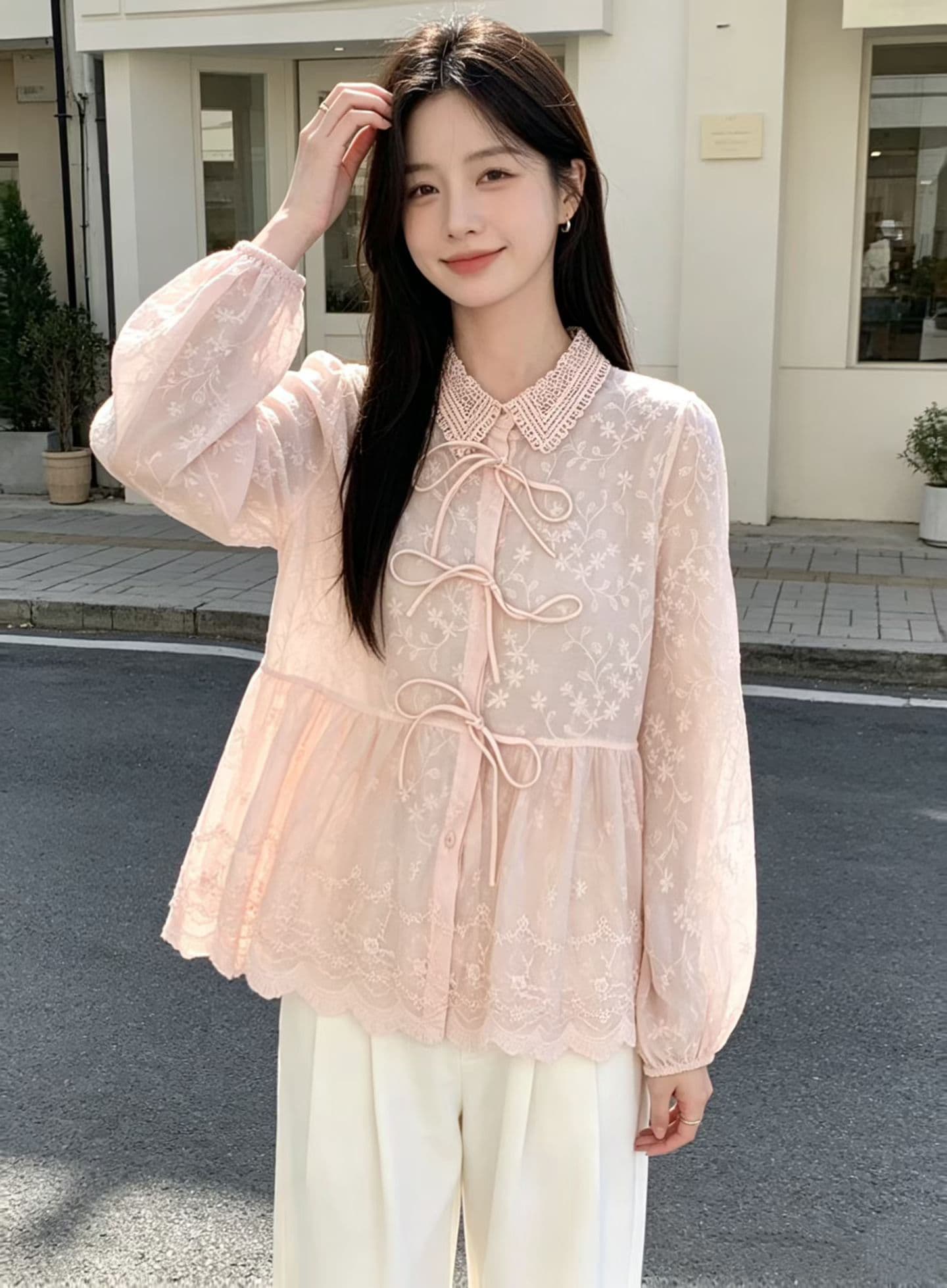 재고 있음 프랑스식 낭만주의 달콤한 스타일 레이스 폴로 칼라 셔츠 긴팔 불규칙 밑단 절묘한 자수 맨위 여성 상세 이미지 1