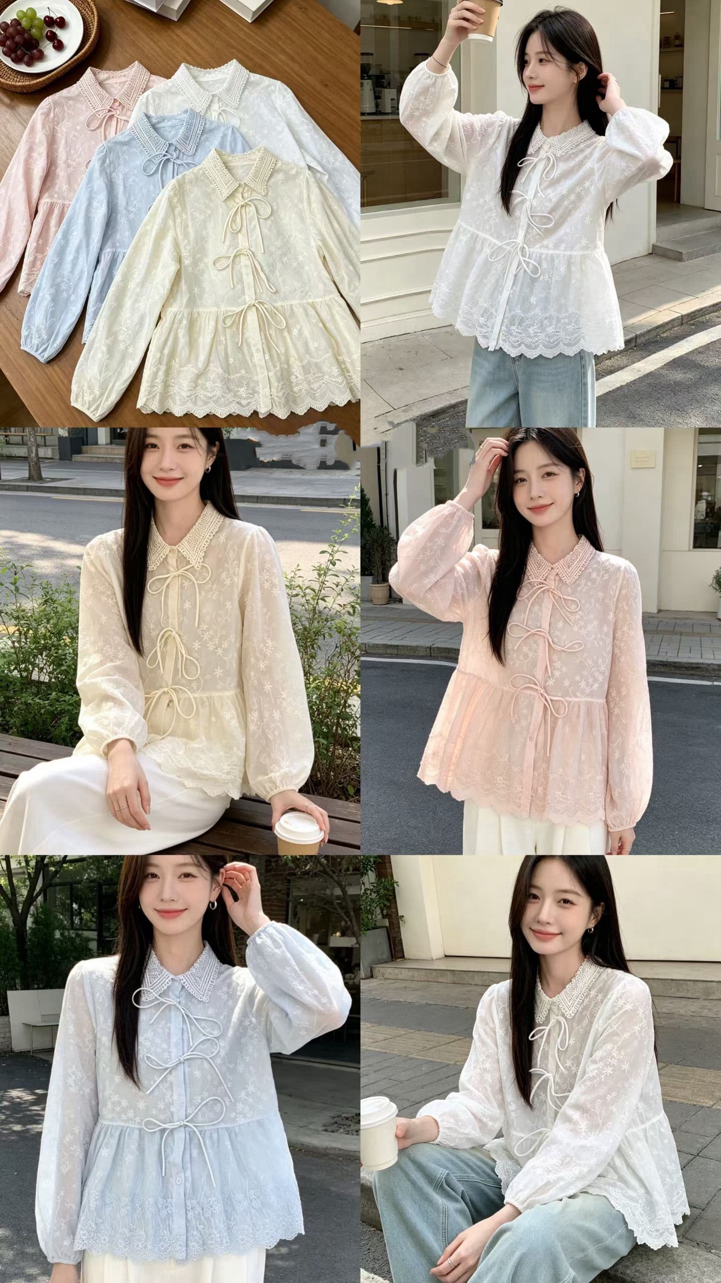 재고 있음 프랑스식 낭만주의 달콤한 스타일 레이스 폴로 칼라 셔츠 긴팔 불규칙 밑단 절묘한 자수 맨위 여성 상세 이미지 6