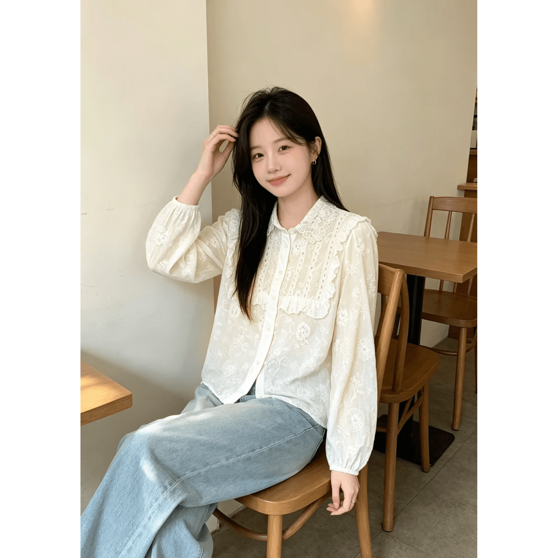 재고 있음 절묘한 레이스 폴로 칼라 디자인 센스 자수 셔츠 한 스타일 프릴 루즈핏 품격 긴팔 맨위 여성 이미지 6