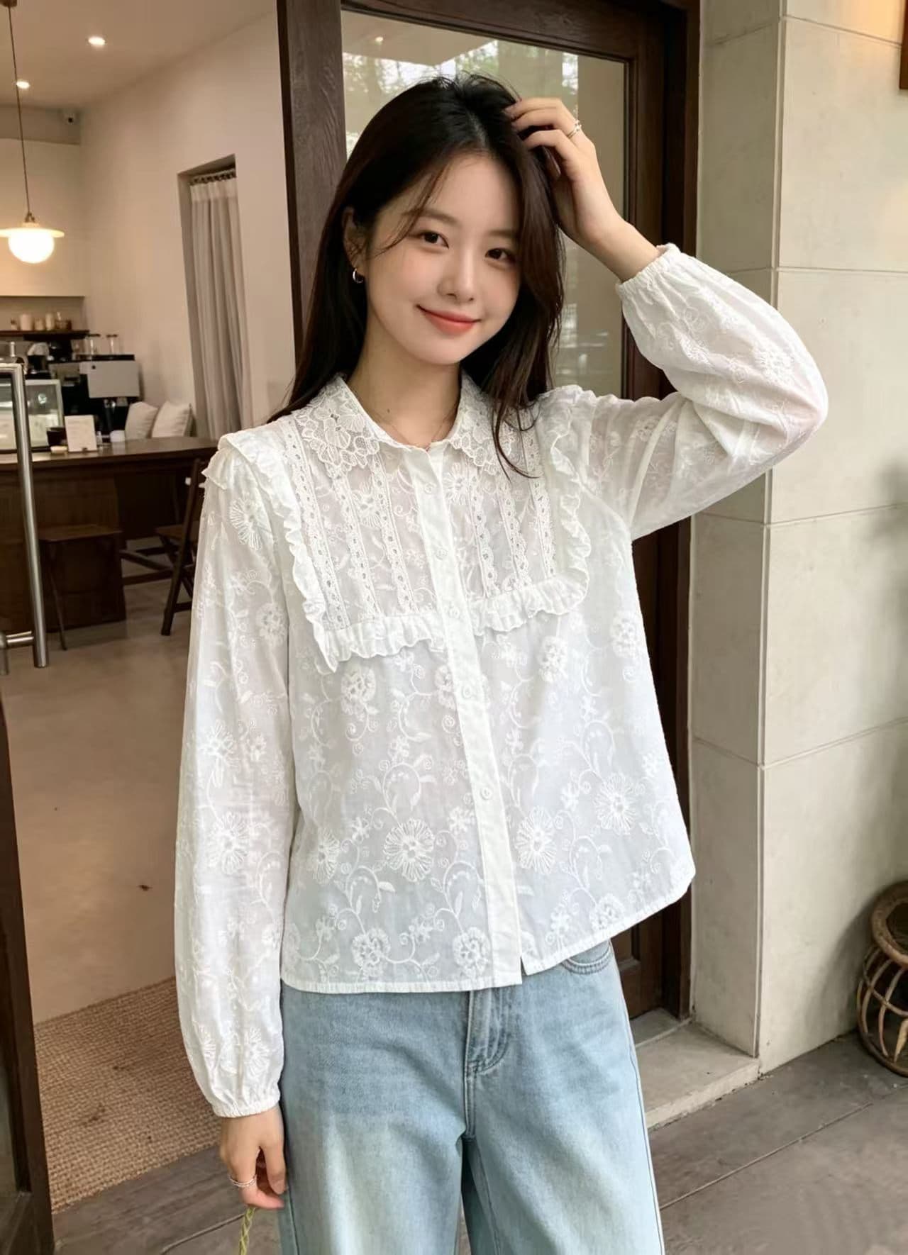 재고 있음 절묘한 레이스 폴로 칼라 디자인 센스 자수 셔츠 한 스타일 프릴 루즈핏 품격 긴팔 맨위 여성 상세 이미지 2