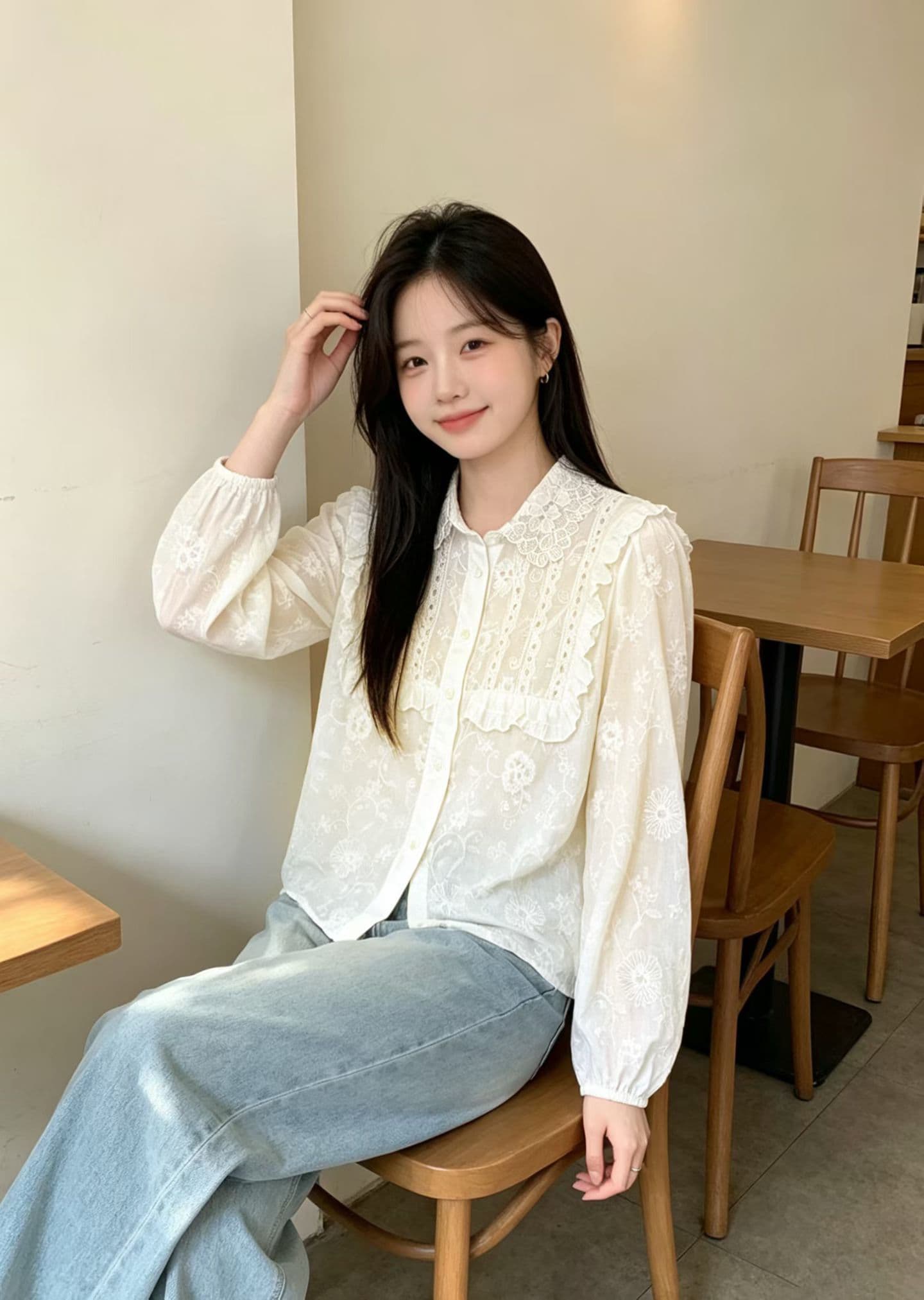 재고 있음 절묘한 레이스 폴로 칼라 디자인 센스 자수 셔츠 한 스타일 프릴 루즈핏 품격 긴팔 맨위 여성 상세 이미지 5
