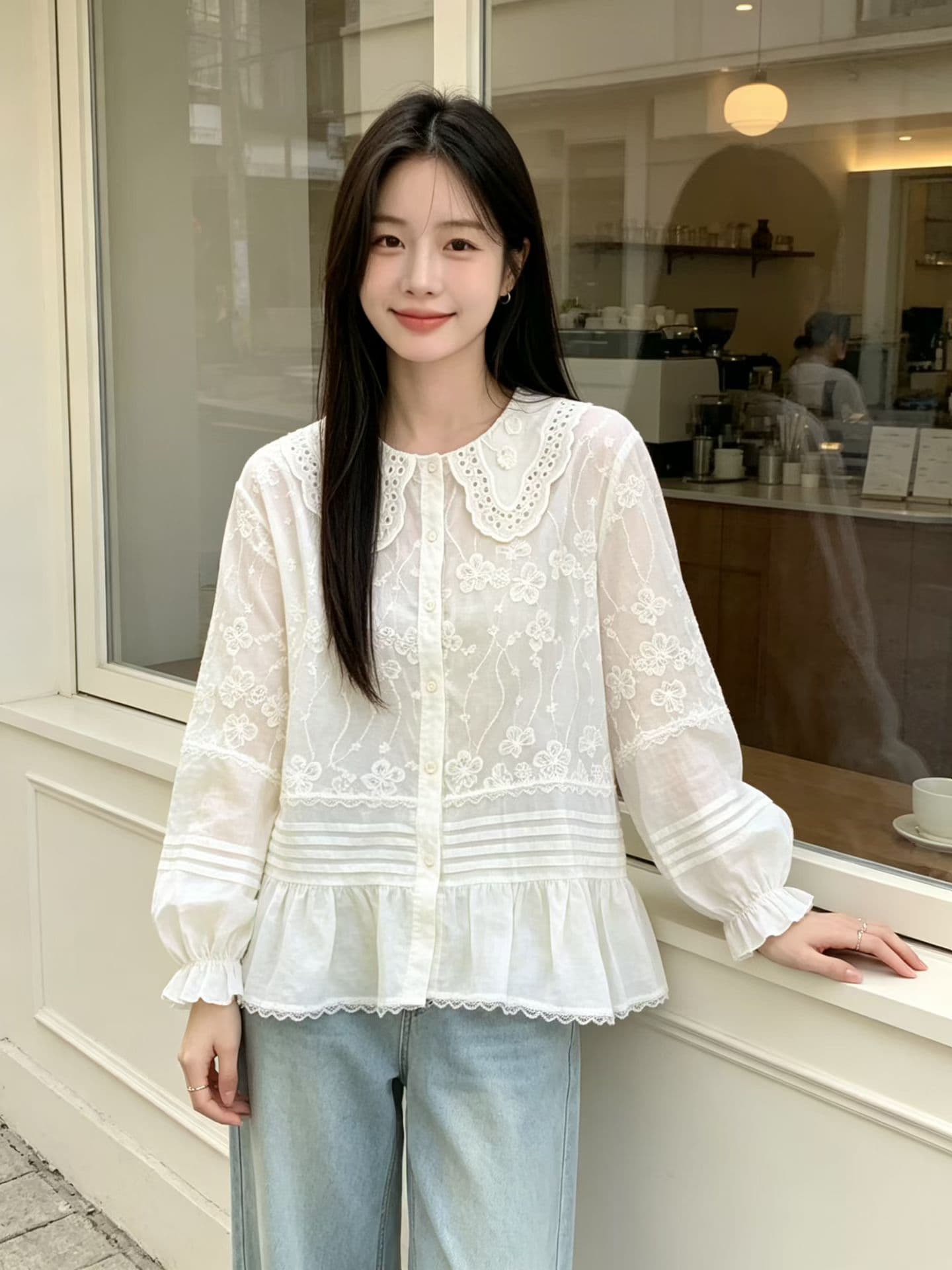 재고 있음 한국 스타일 절묘한 꽃 자수 셔츠 디자인 센스 레이스 폴로 칼라 맨위 개성 패치워크 작은 치마 여성 이미지 5