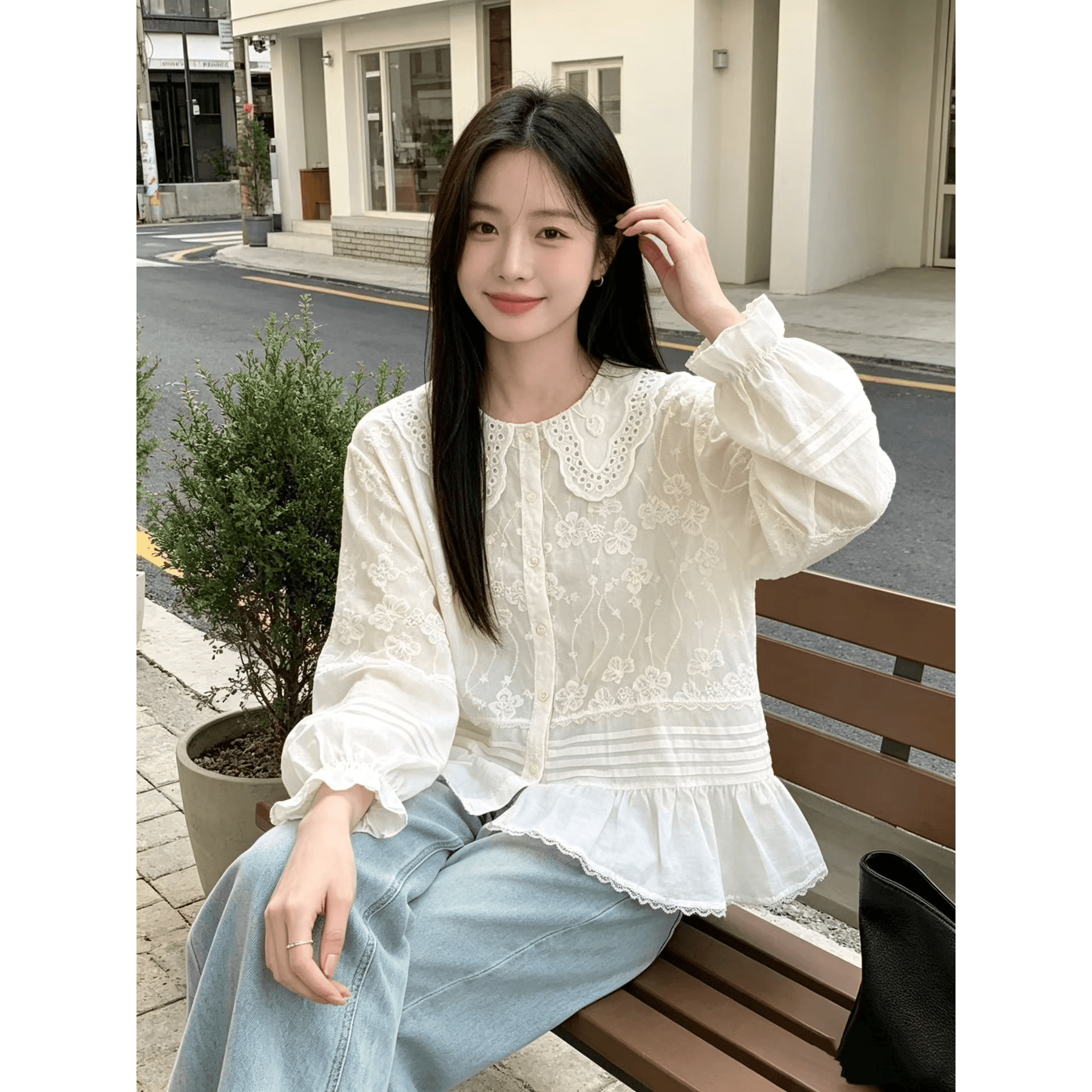 재고 있음 한국 스타일 절묘한 꽃 자수 셔츠 디자인 센스 레이스 폴로 칼라 맨위 개성 패치워크 작은 치마 여성 이미지 6