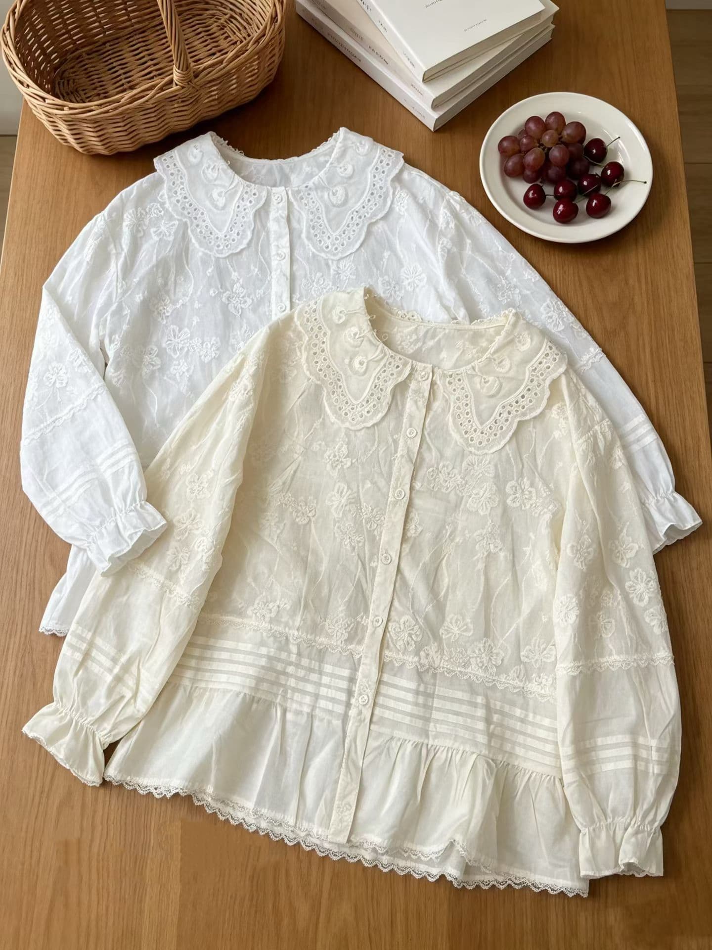 재고 있음 한국 스타일 절묘한 꽃 자수 셔츠 디자인 센스 레이스 폴로 칼라 맨위 개성 패치워크 작은 치마 여성 상세 이미지 1