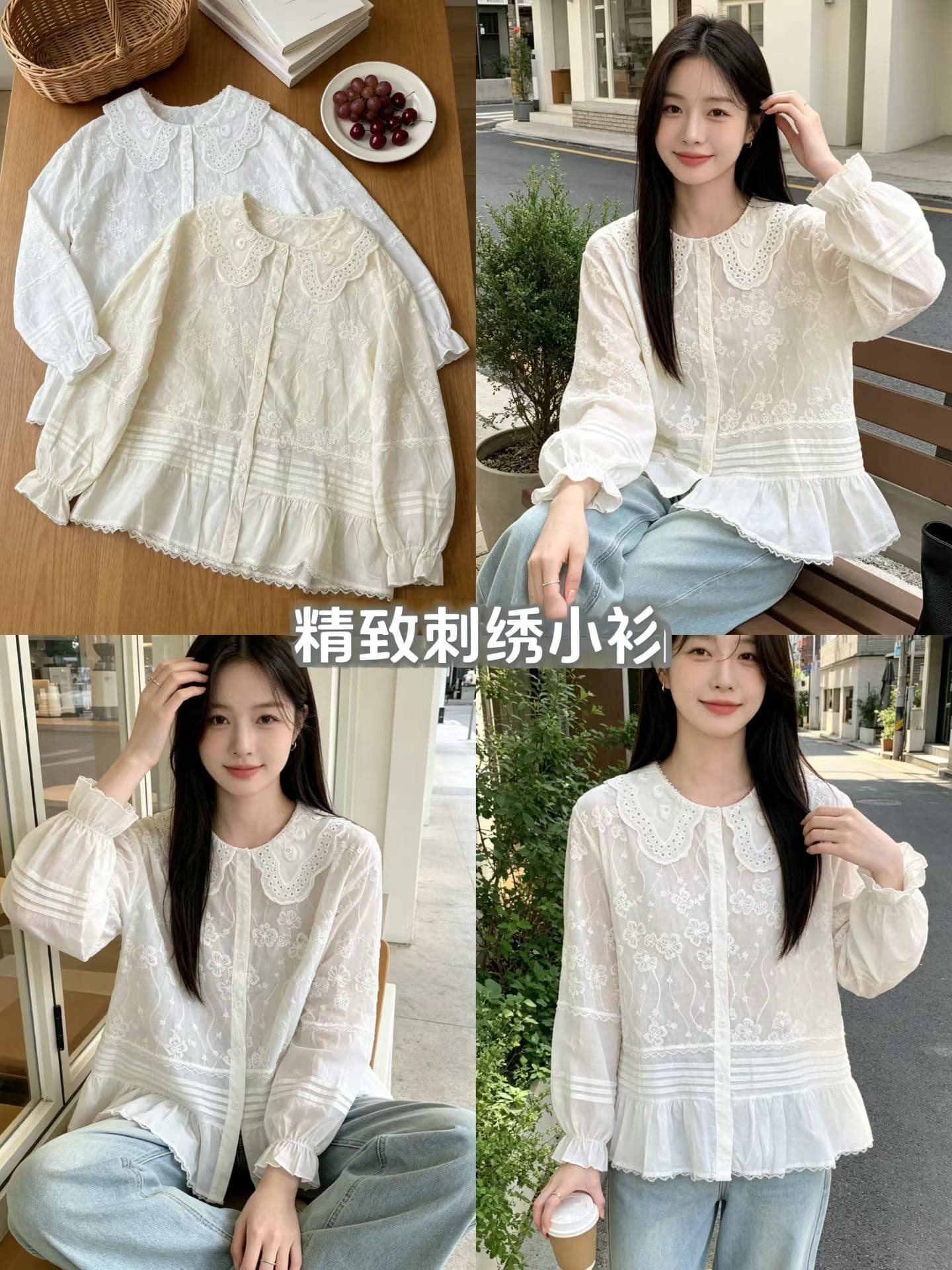 재고 있음 한국 스타일 절묘한 꽃 자수 셔츠 디자인 센스 레이스 폴로 칼라 맨위 개성 패치워크 작은 치마 여성 상세 이미지 6